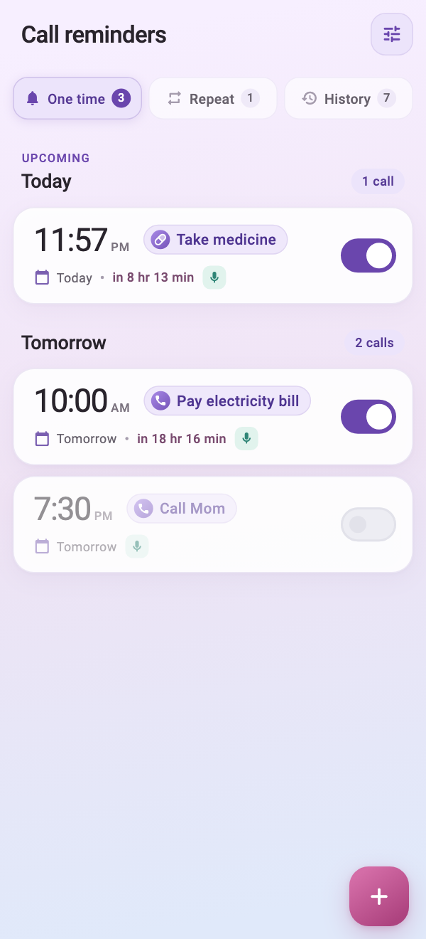 Fia call reminders view with one-time and upcoming reminders