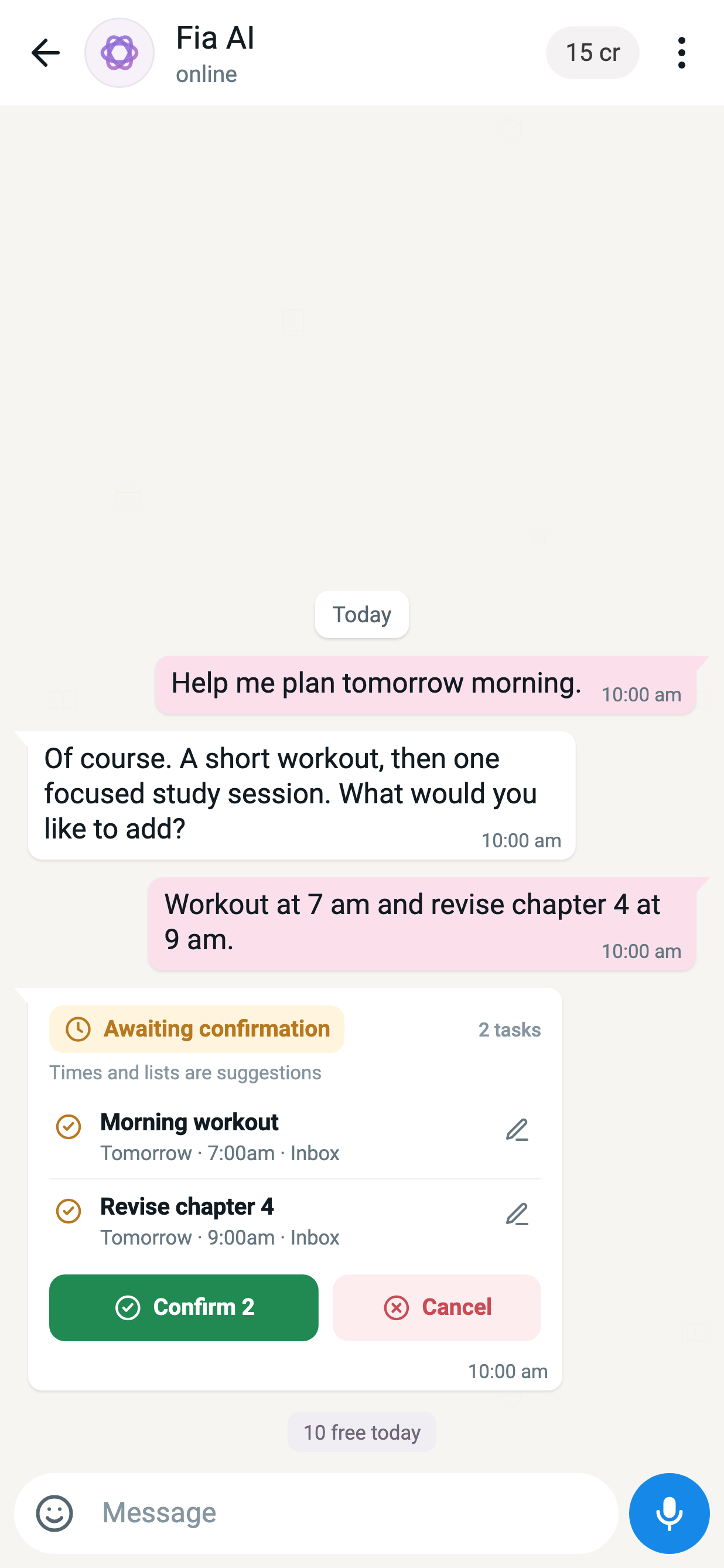 Fia AI conversation proposing two tasks and awaiting user confirmation